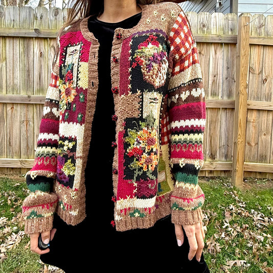 Vintage Tiara International Floral &amp; Wine Tapestry Cardigan