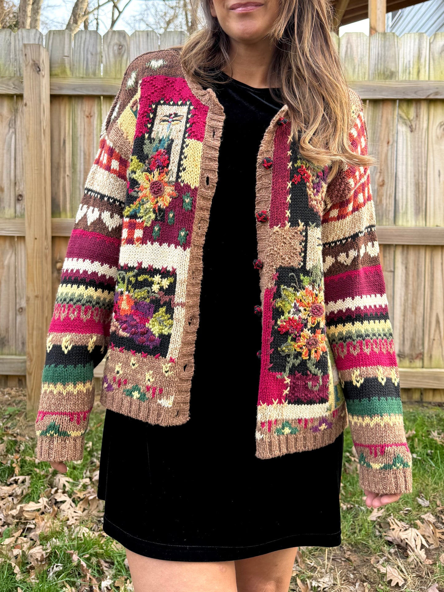 Vintage Tiara International Floral &amp; Wine Tapestry Cardigan
