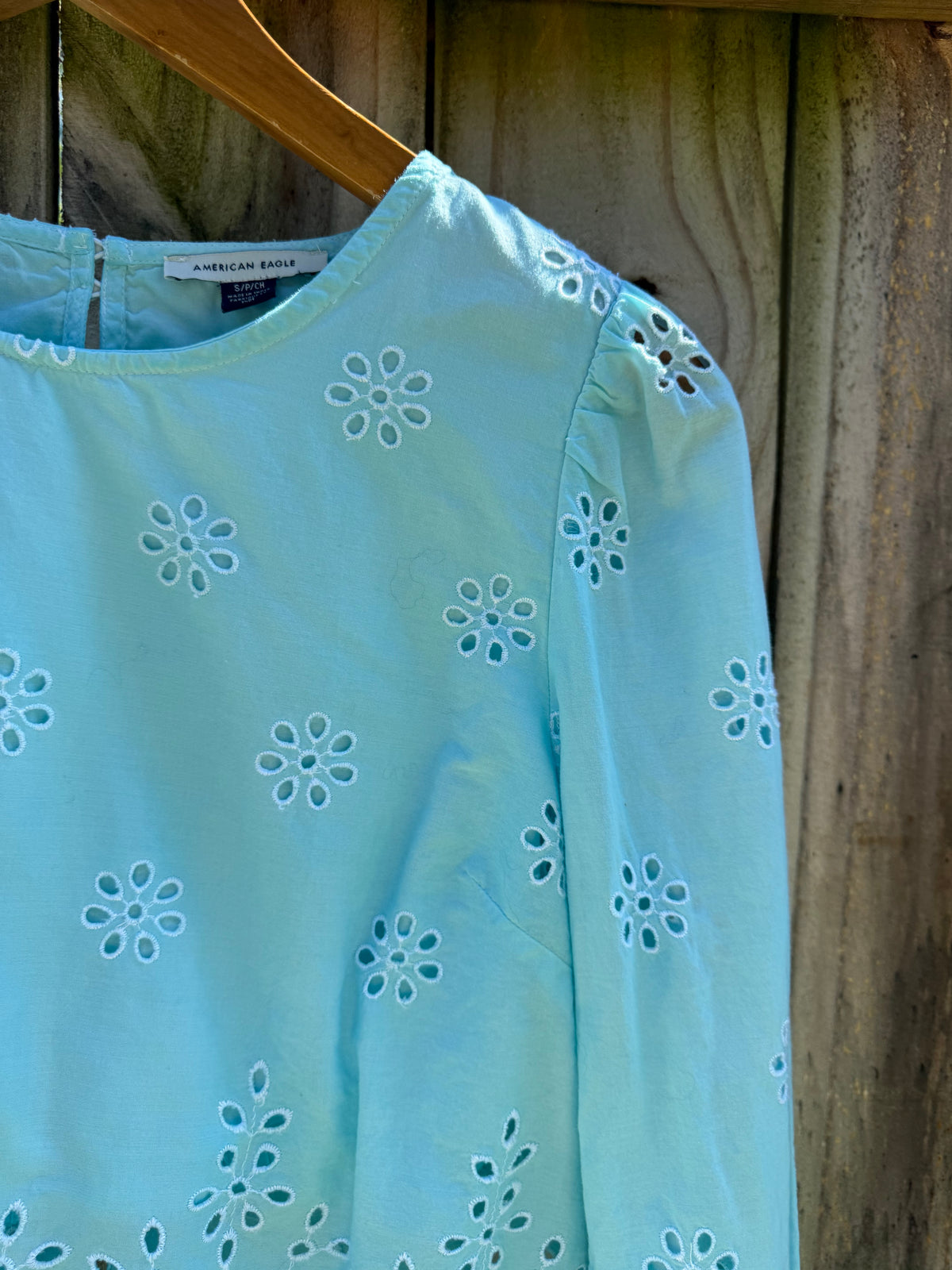 Hand-Dyed Aqua Eyelet Crop Cotton Blouse