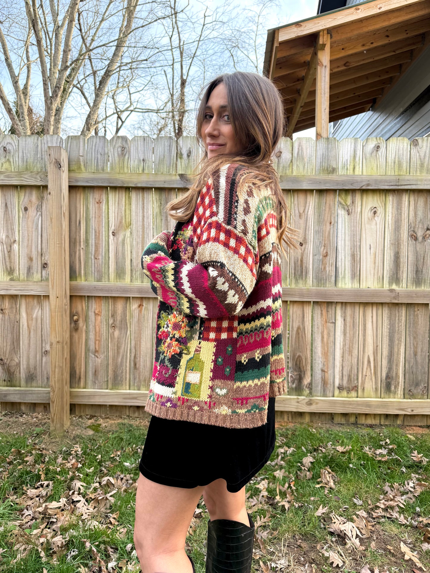 Vintage Tiara International Floral &amp; Wine Tapestry Cardigan