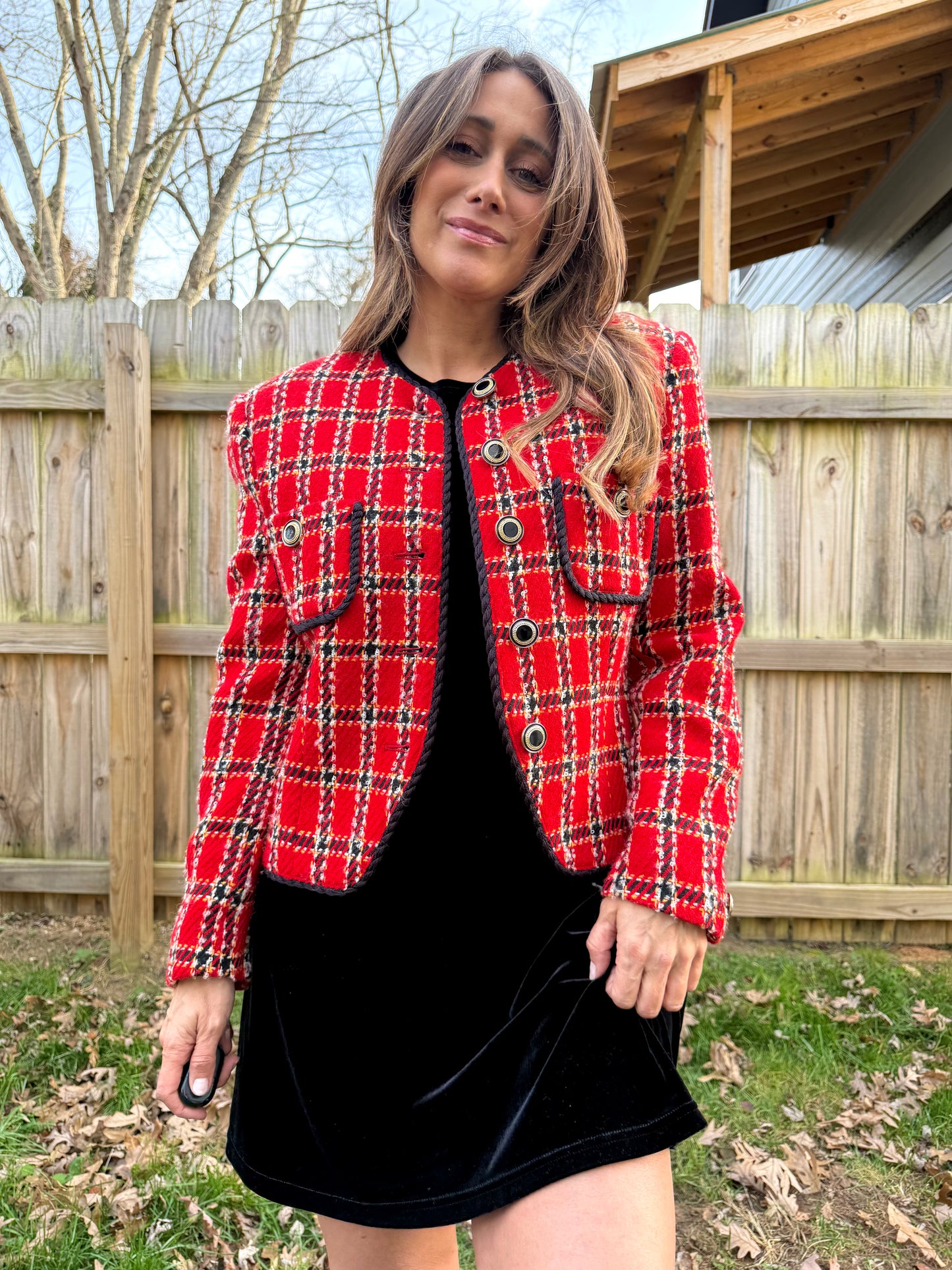 Vintage Red Plaid Braided-Trim Jacket (Evan-Picone, Made in USA) Holiday