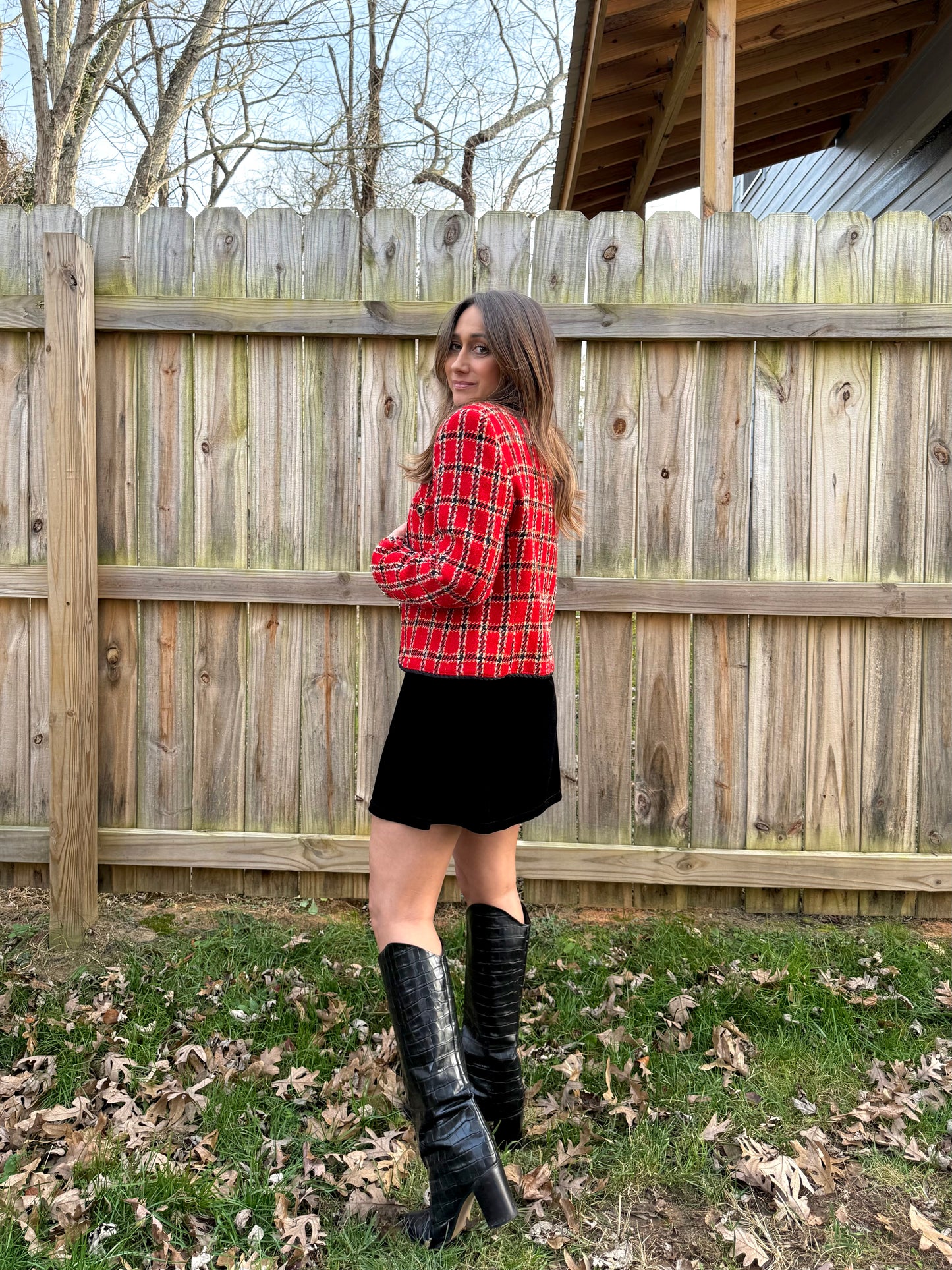 Vintage Red Plaid Braided-Trim Jacket (Evan-Picone, Made in USA) Holiday