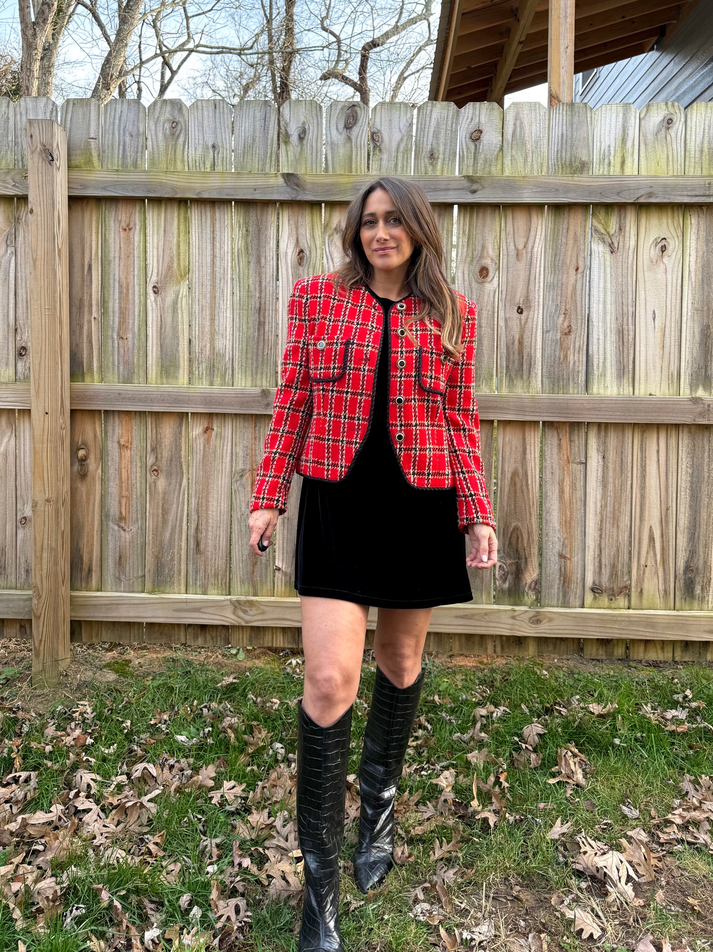 Vintage Red Plaid Braided-Trim Jacket (Evan-Picone, Made in USA) Holiday