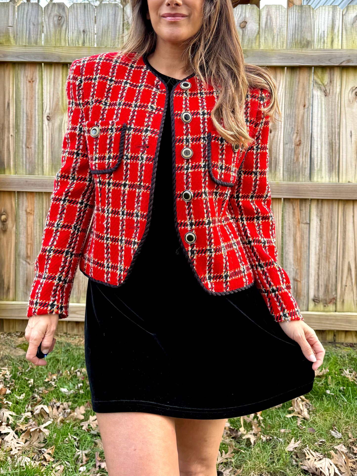 Vintage Red Plaid Braided-Trim Jacket (Evan-Picone, Made in USA) Holiday