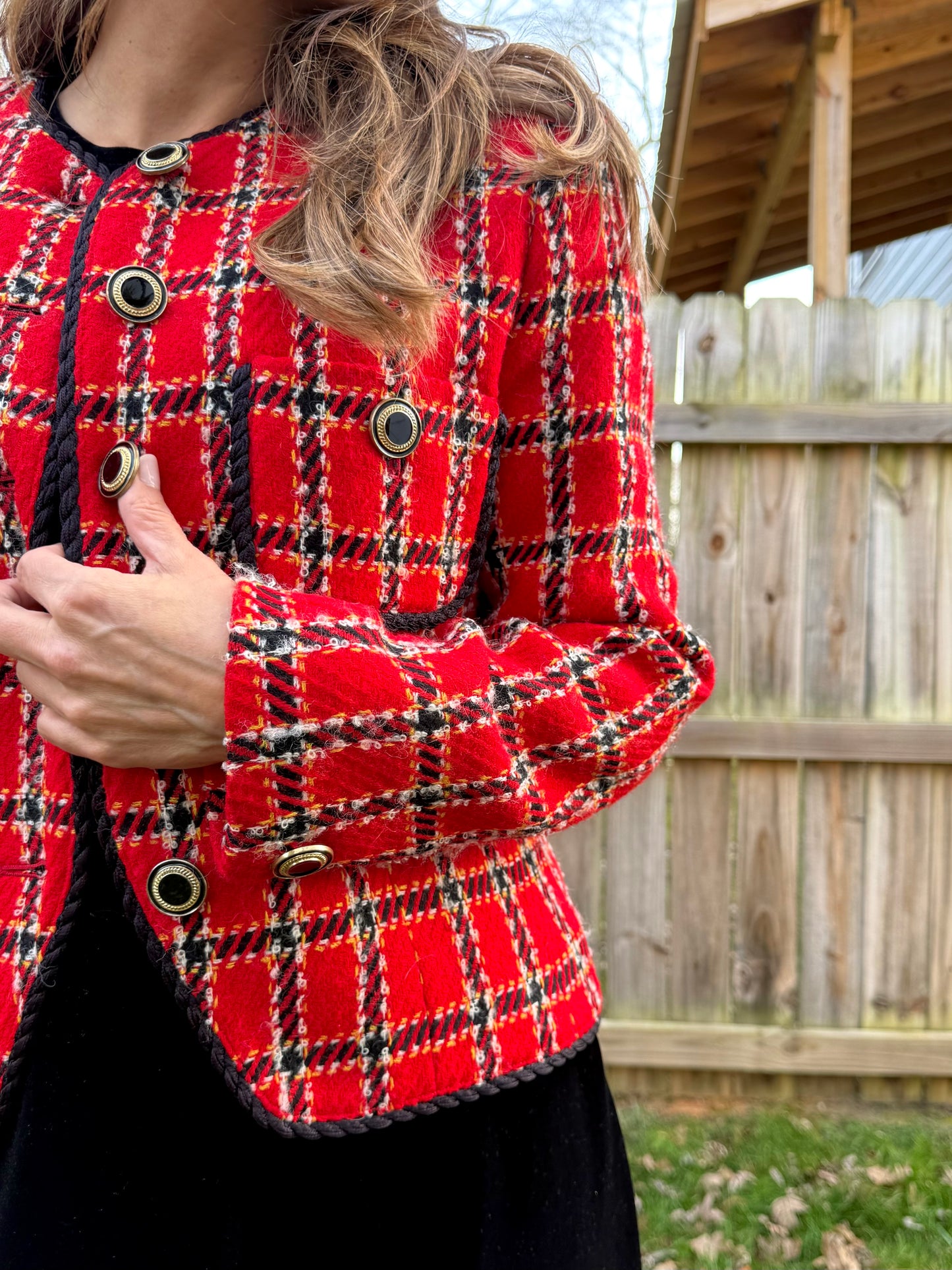 Vintage Red Plaid Braided-Trim Jacket (Evan-Picone, Made in USA) Holiday
