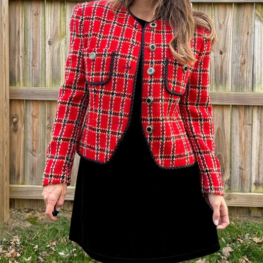 Vintage Red Plaid Braided-Trim Jacket (Evan-Picone, Made in USA) Holiday