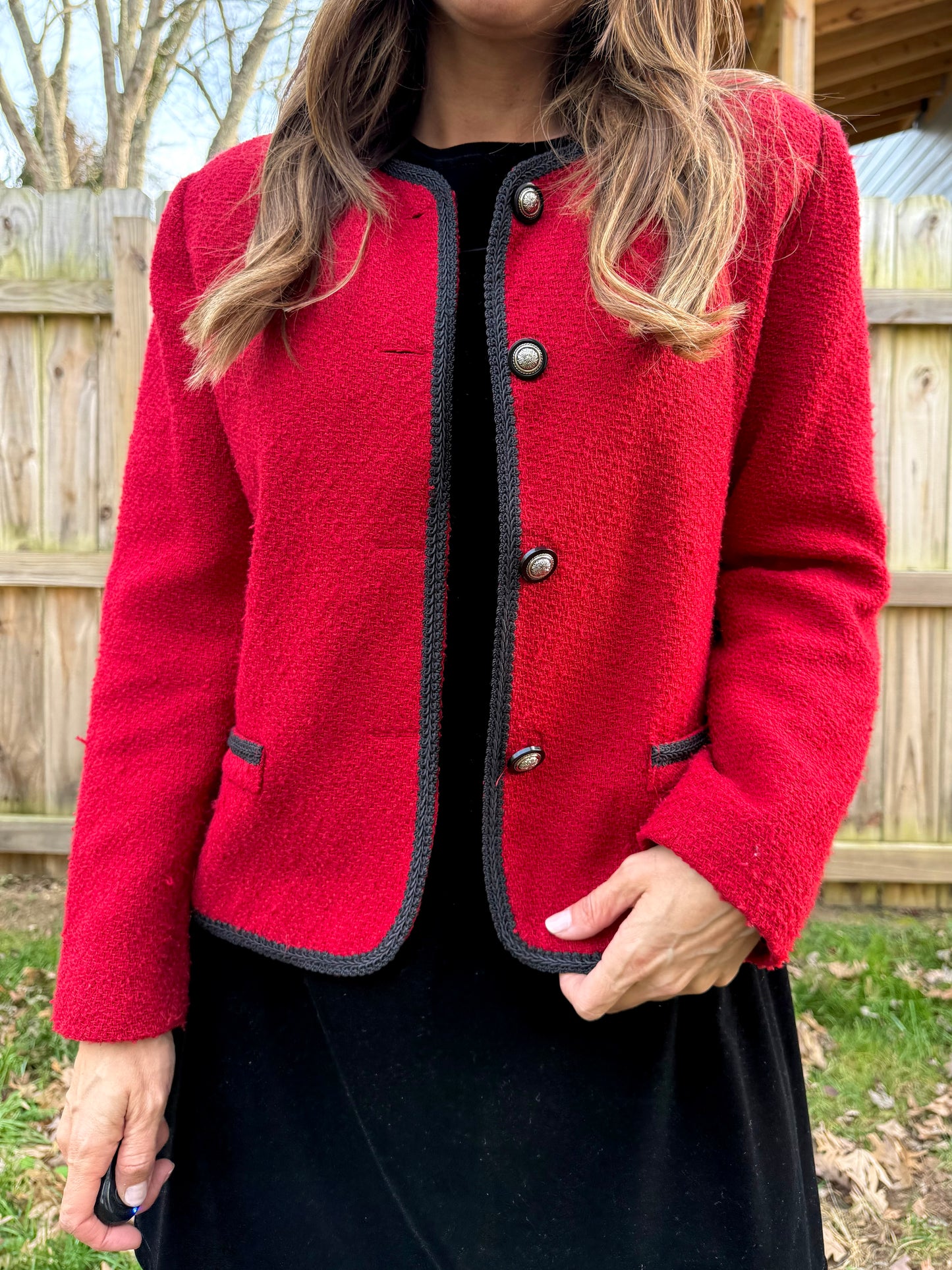Vintage Red Bouclé Trim Jacket Holiday Cropped