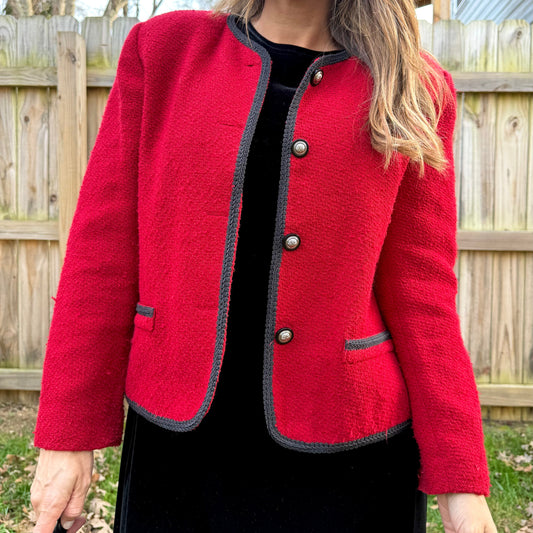 Vintage Red Bouclé Trim Jacket Holiday Cropped