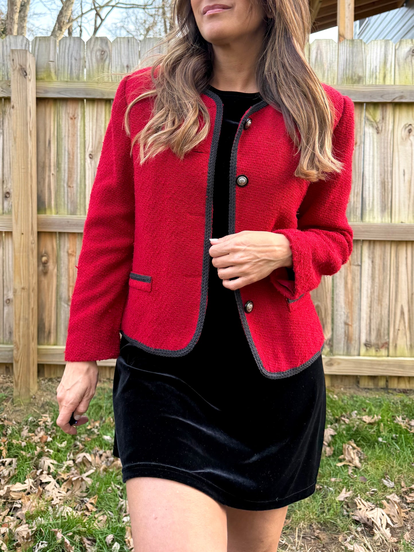Vintage Red Bouclé Trim Jacket Holiday Cropped