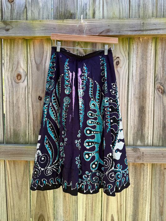 Vintage Navy Aqua Hand-Batik Wrap Midi Skirt