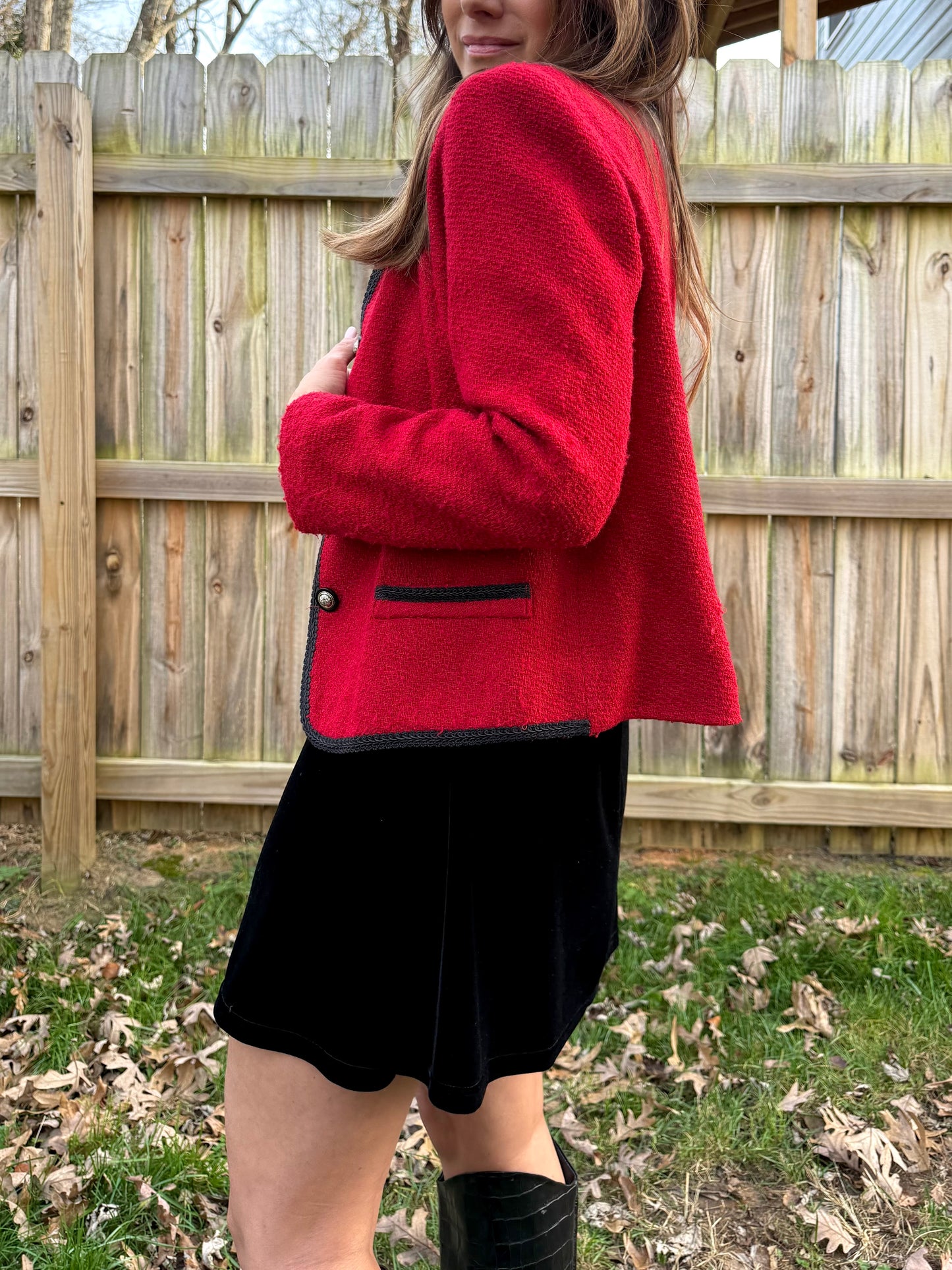 Vintage Red Bouclé Trim Jacket Holiday Cropped