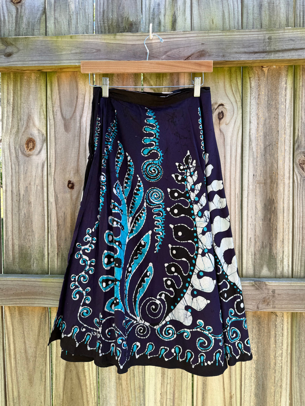 Vintage Navy Aqua Hand-Batik Wrap Midi Skirt