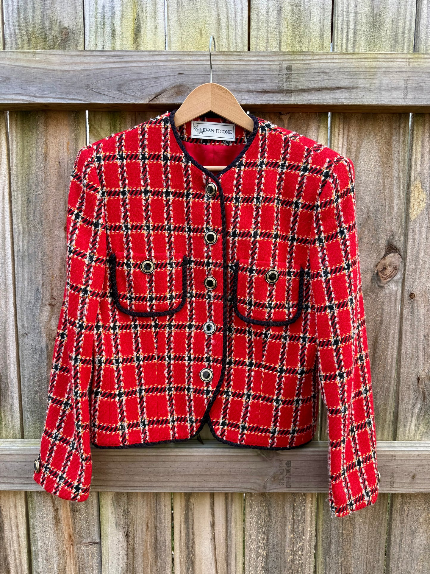 Vintage Red Plaid Braided-Trim Jacket (Evan-Picone, Made in USA) Holiday