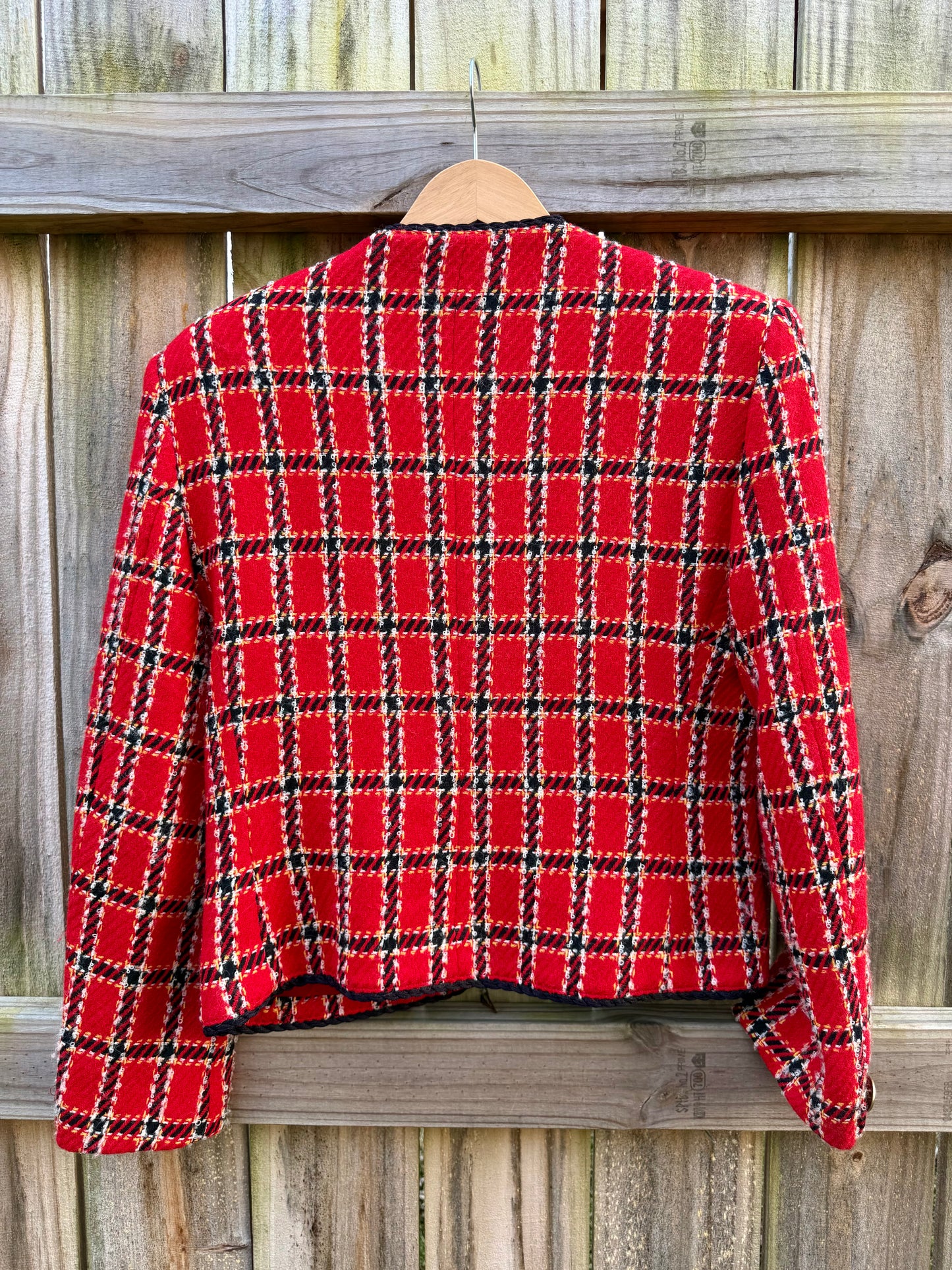 Vintage Red Plaid Braided-Trim Jacket (Evan-Picone, Made in USA) Holiday