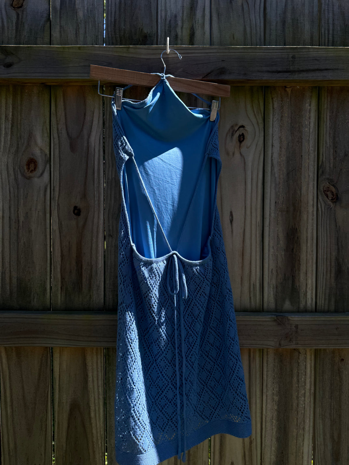 SAGE The Label Blue Crochet Open-Back Mini Dress