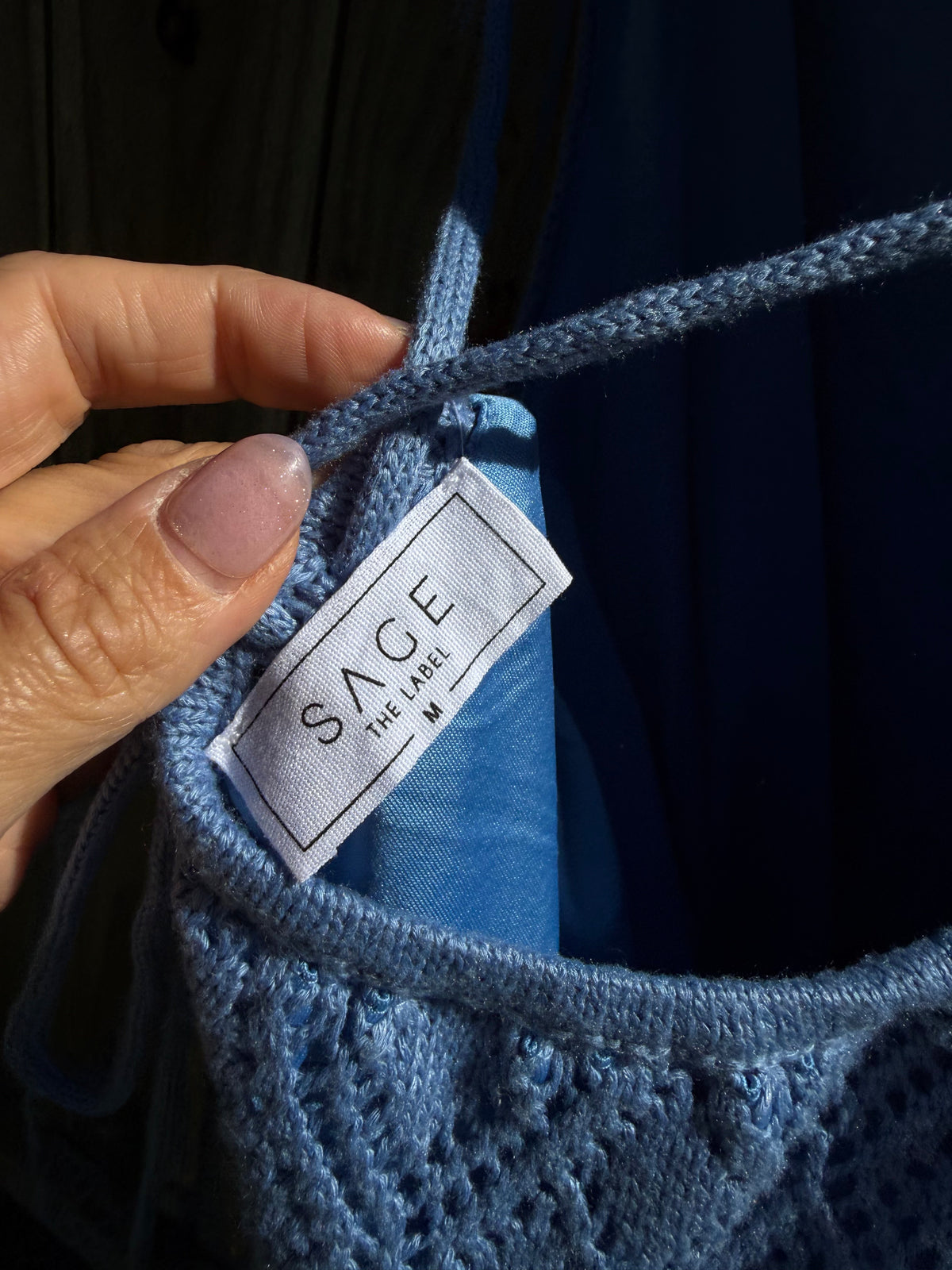SAGE The Label Blue Crochet Open-Back Mini Dress