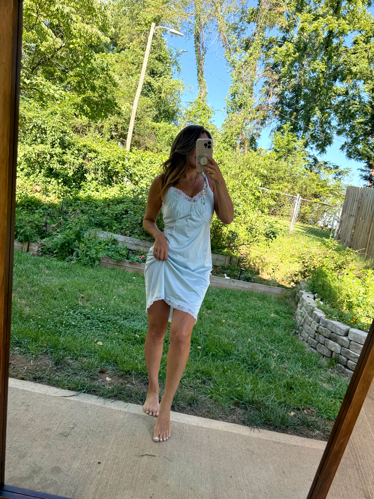 Hand-Dyed Vintage Powder Blue Lace Slip Dress