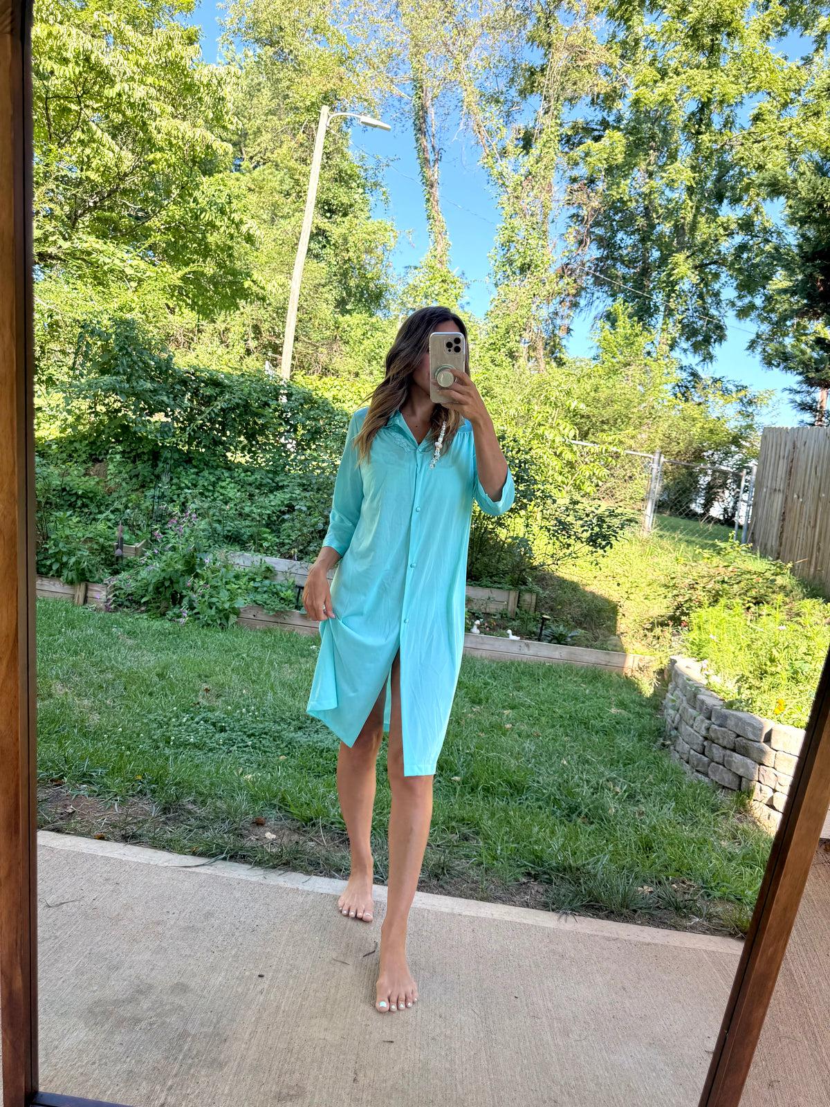 Vintage Tiffany Blue Lace Trim House Dress / Retro Sleepwear