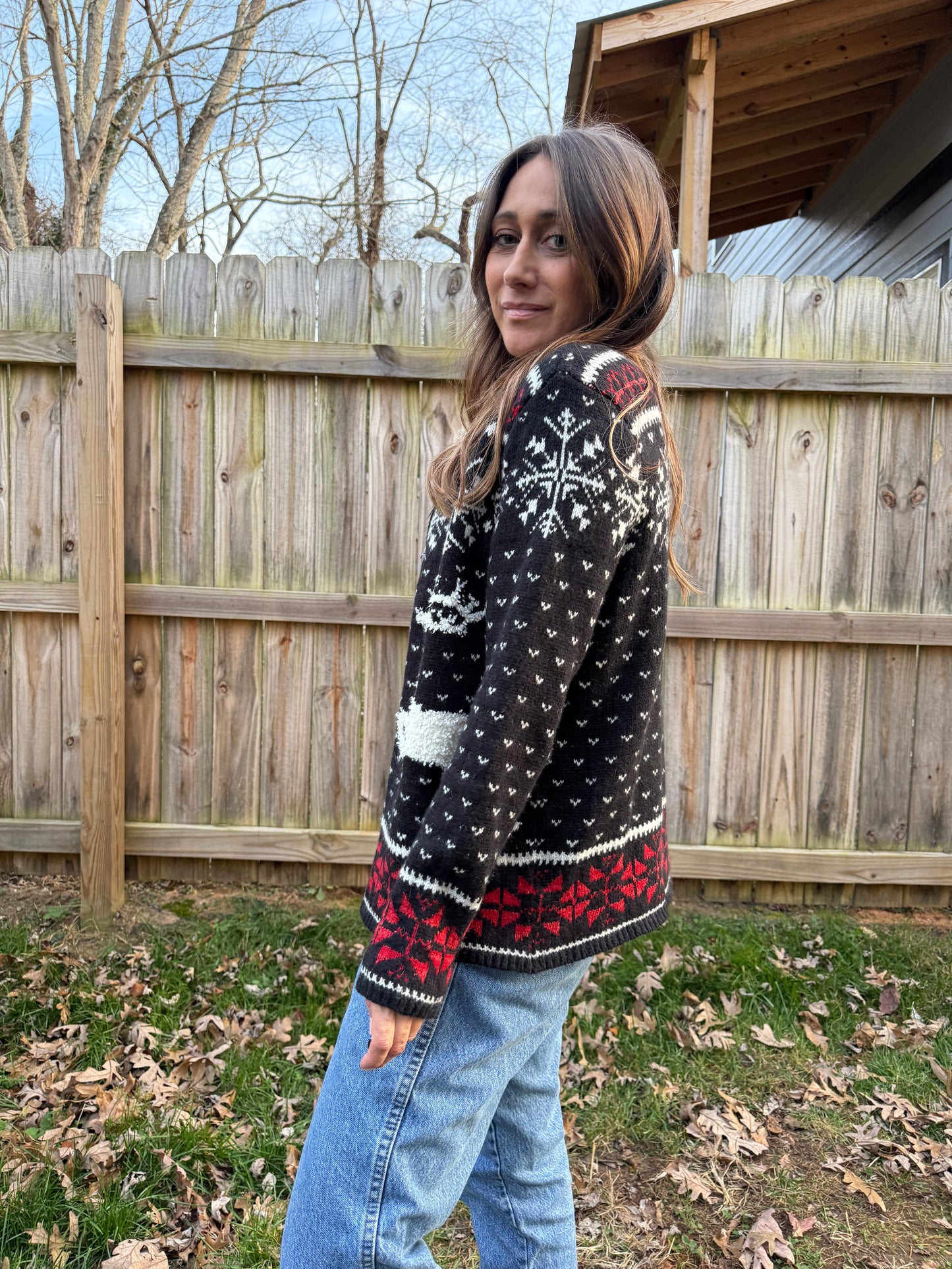 Vintage J.Jill Alpine Reindeer Cardigan Christmas Holiday Sweater