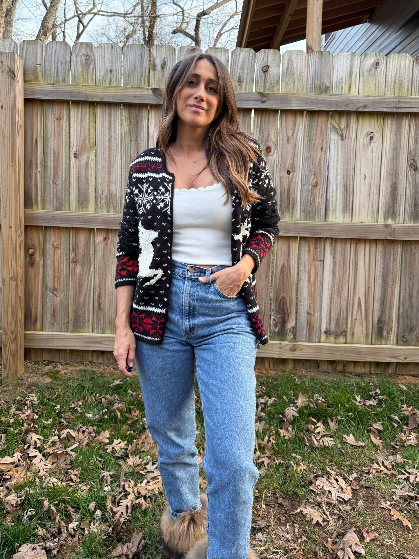 Vintage J.Jill Alpine Reindeer Cardigan Christmas Holiday Sweater