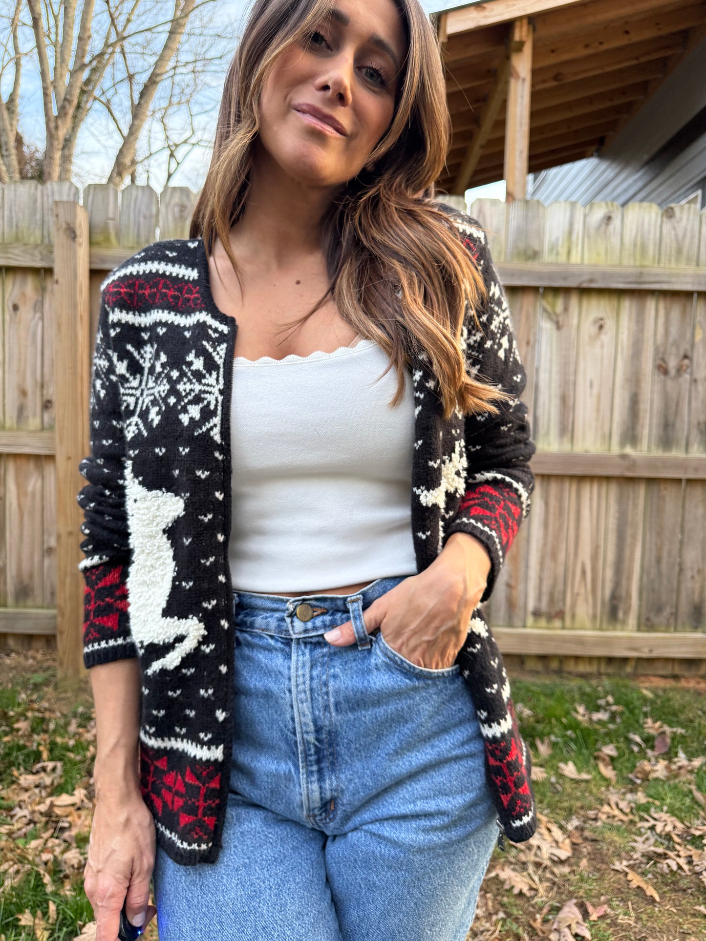 Vintage J.Jill Alpine Reindeer Cardigan Christmas Holiday Sweater