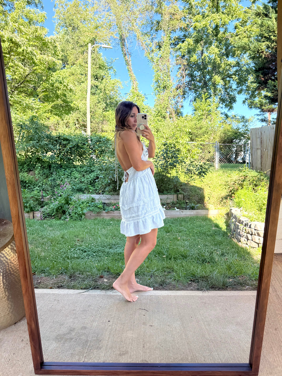 Free People Blue Stripe Cotton Open Back Halter Mini Dress M