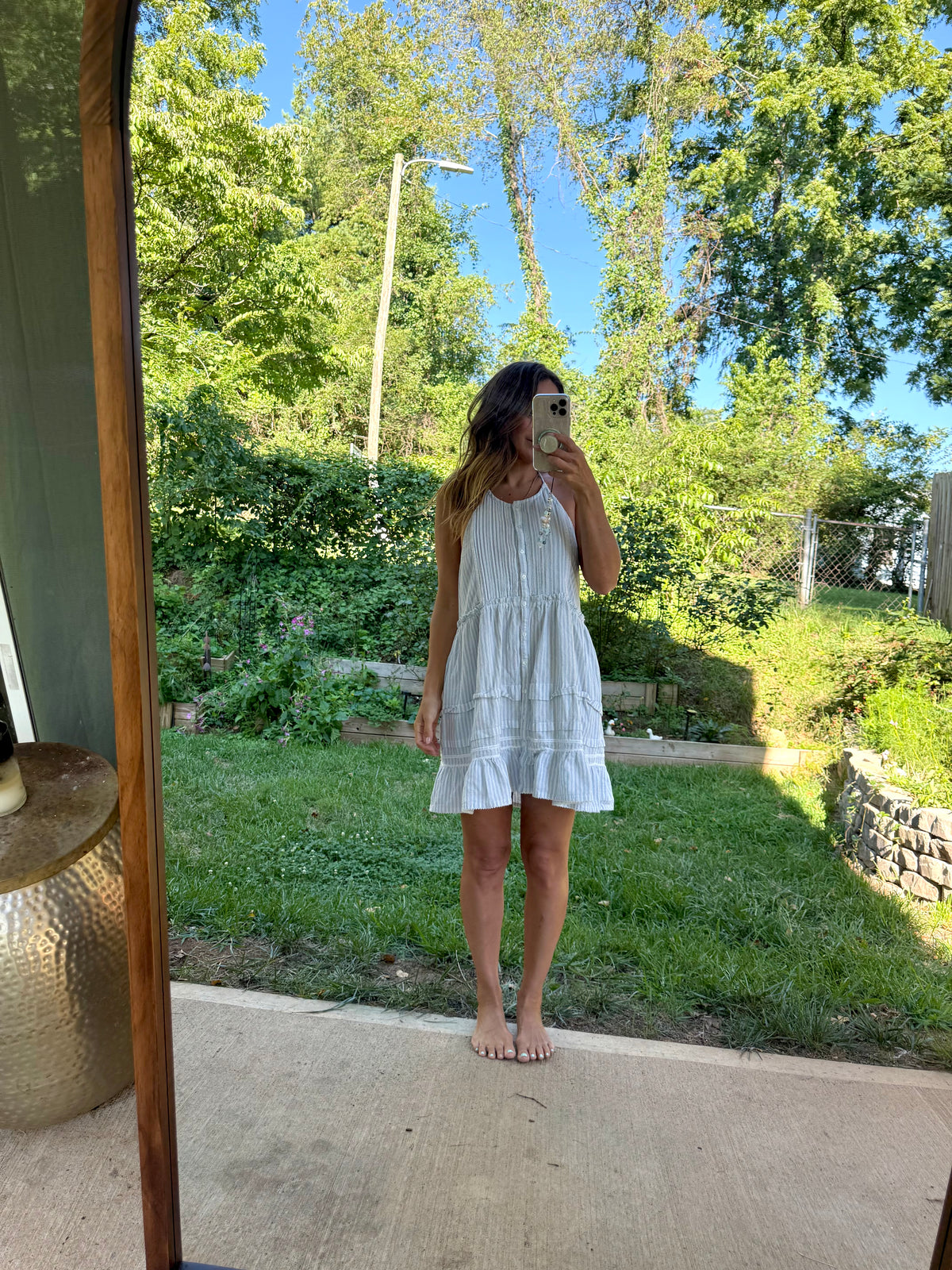 Free People Blue Stripe Cotton Open Back Halter Mini Dress M