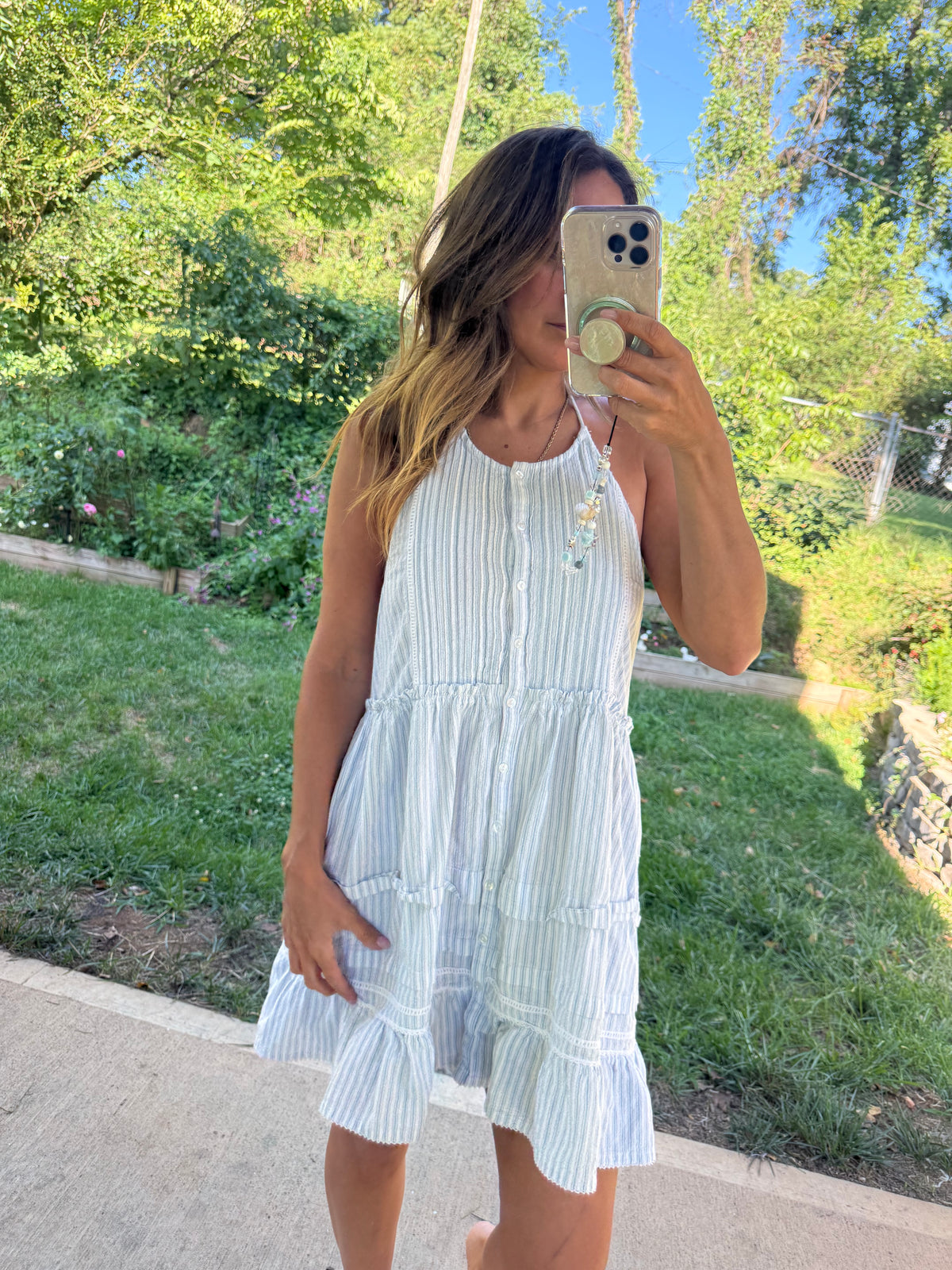 Free People Blue Stripe Cotton Open Back Halter Mini Dress M