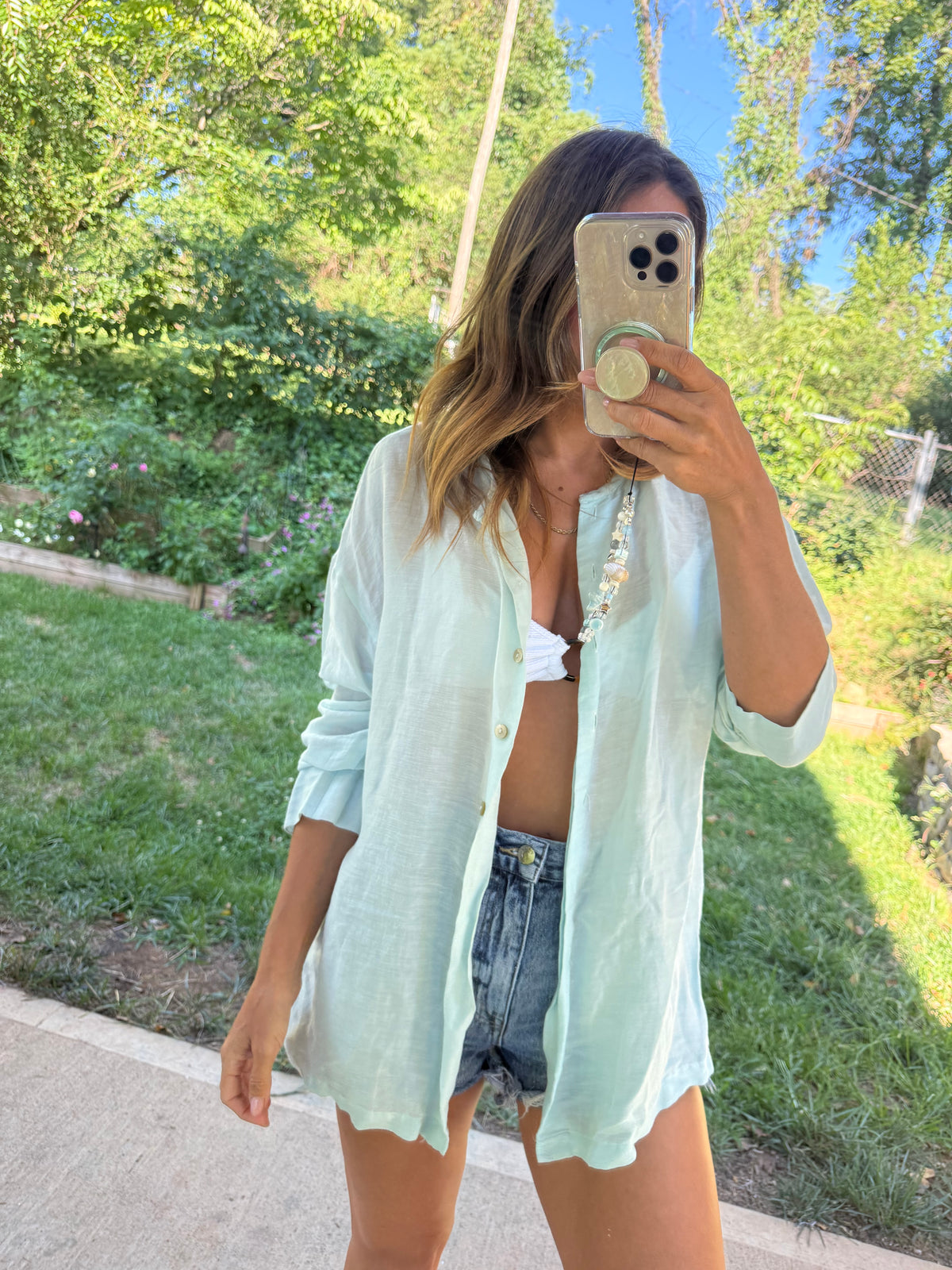 Liz Claiborne Hand Dyed Sea Glass Linen Blend Oversized Button Front Shirt