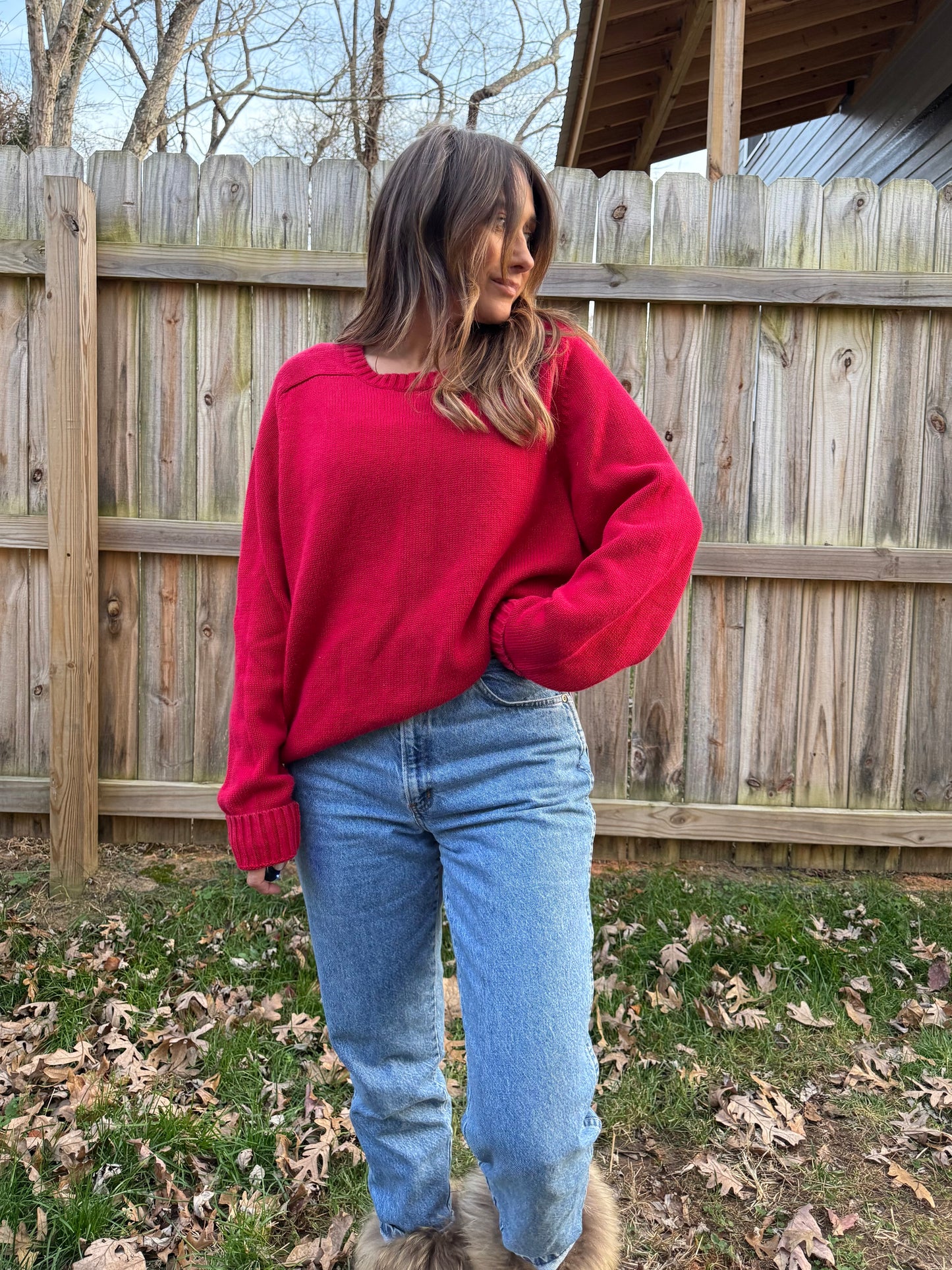 Vintage Lands’ End Red Crew Knit Sweater (Oversized Fit)