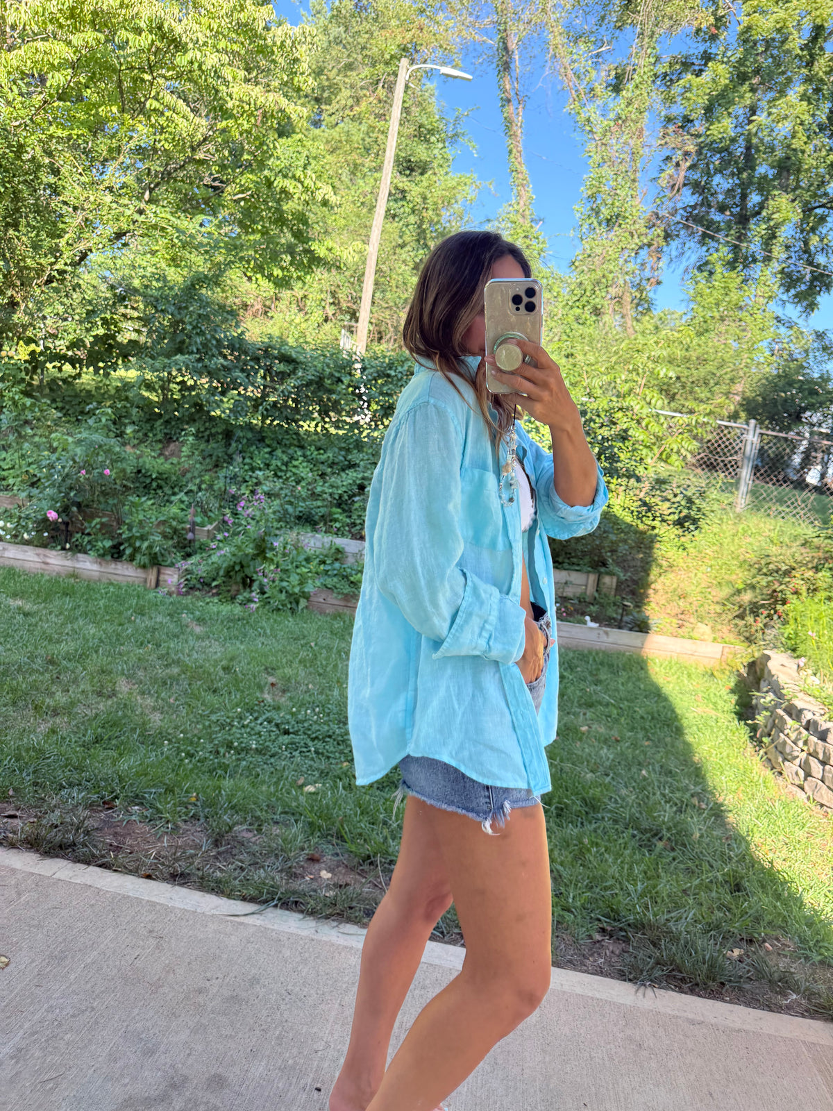 Hand-Dyed Aqua Linen Shirt Panama Jack