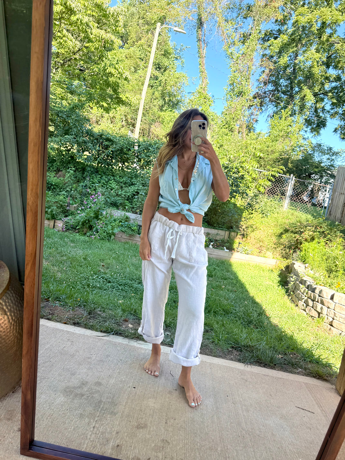 Hand Dyed | Vintage Worthington Linen Sleeveless Button Down | Coastal Aqua Vest Top