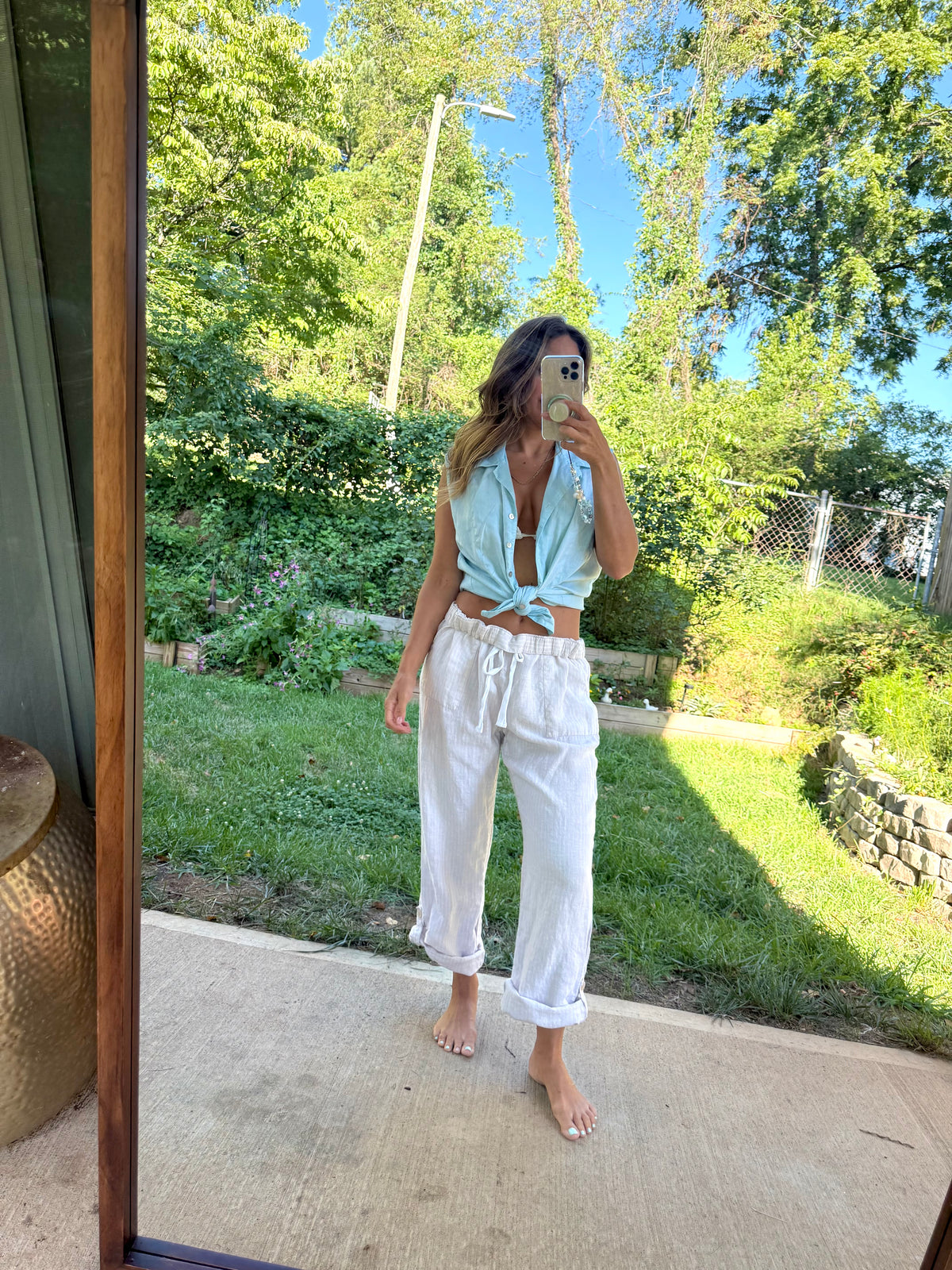 Hand Dyed | Vintage Worthington Linen Sleeveless Button Down | Coastal Aqua Vest Top