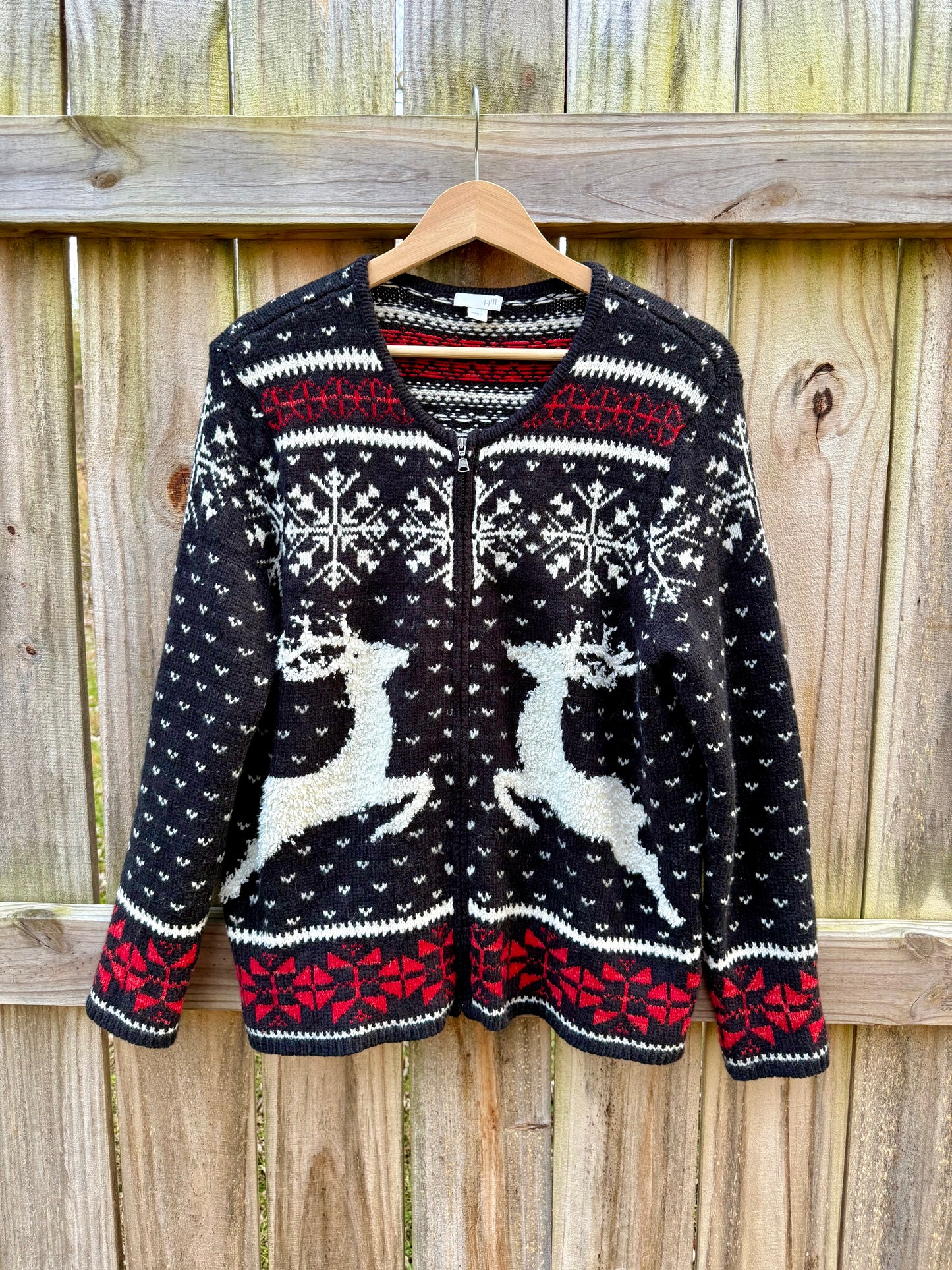 Vintage J.Jill Alpine Reindeer Cardigan Christmas Holiday Sweater