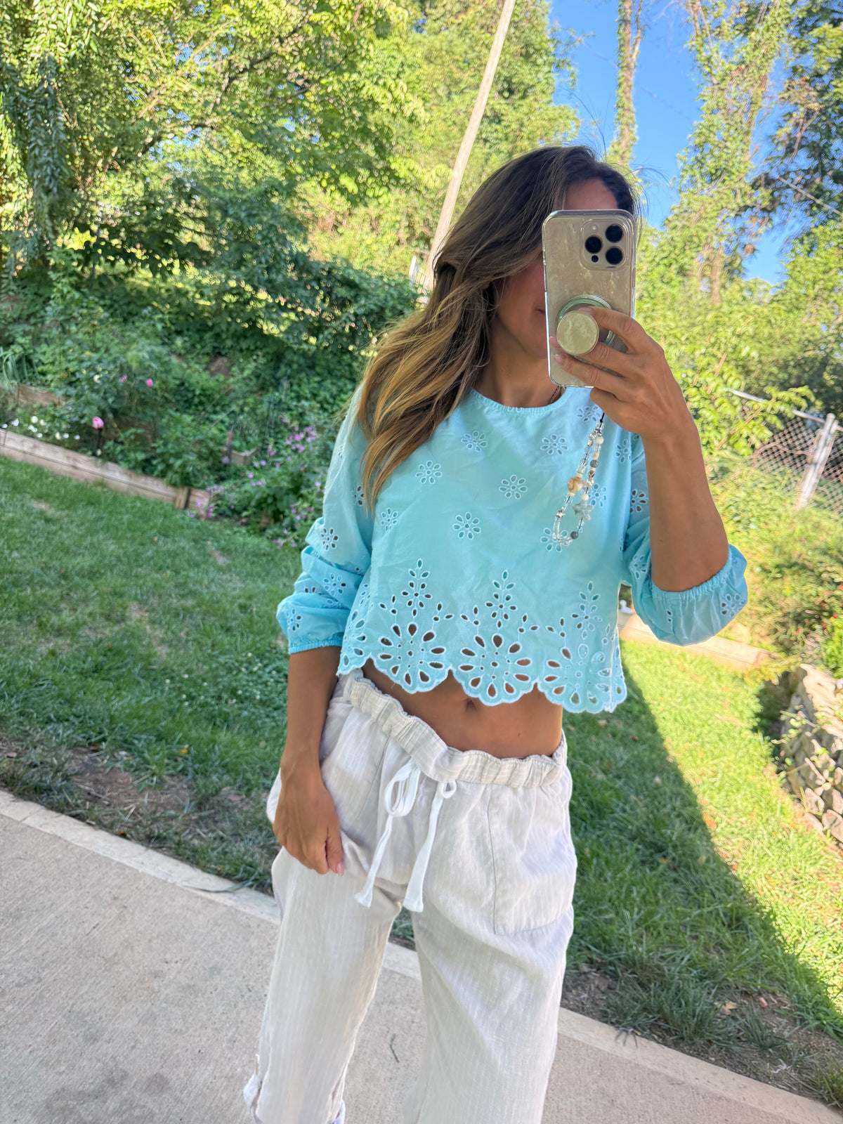 Hand-Dyed Aqua Eyelet Crop Cotton Blouse