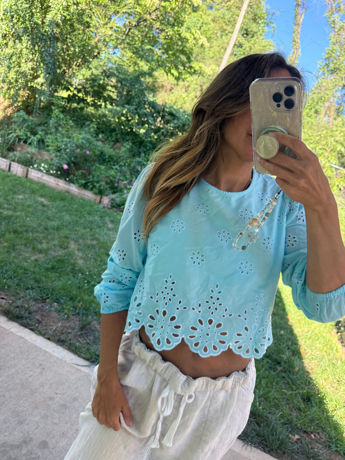 Hand-Dyed Aqua Eyelet Crop Cotton Blouse