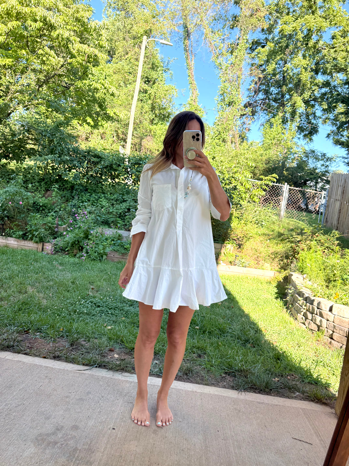 Tuckernuck White Cotton Ruffle-Hem Shirt Dress