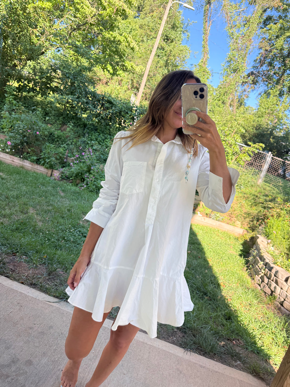 Tuckernuck White Cotton Ruffle-Hem Shirt Dress