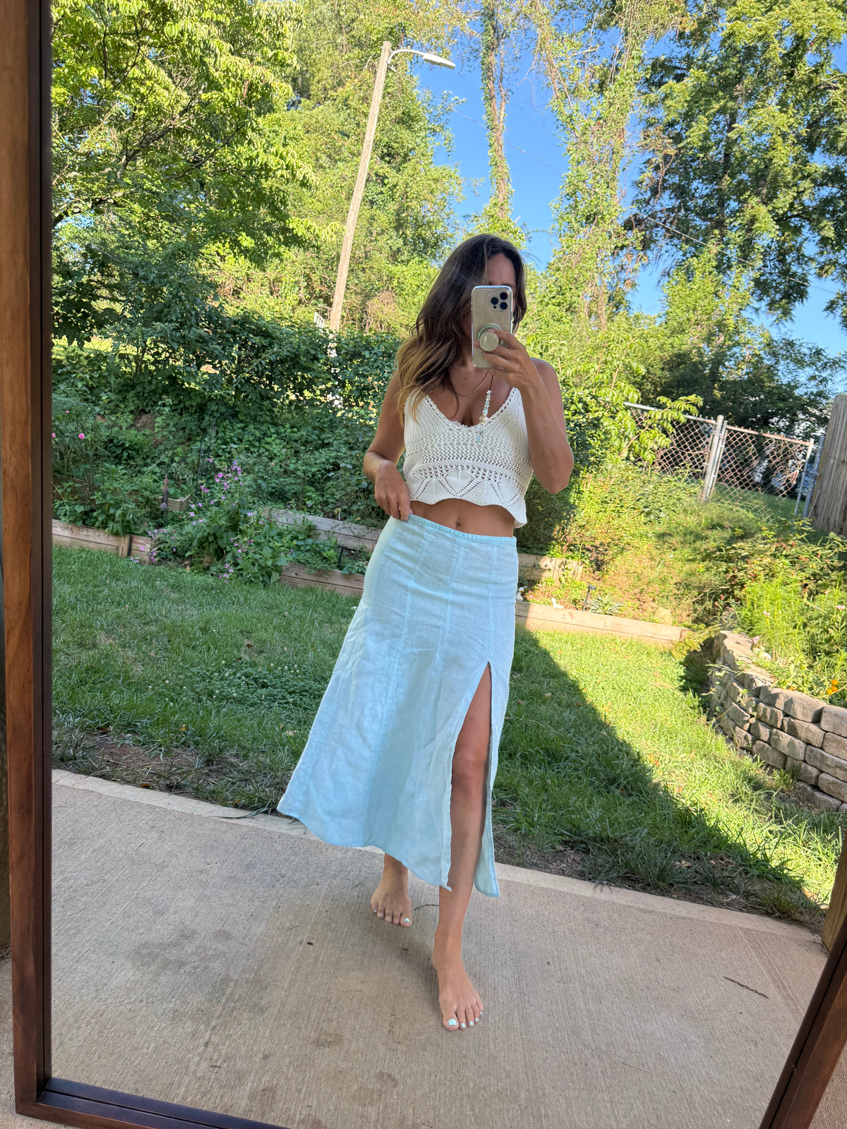 Reworked & Hand Dyed Sea Glass Linen Midi Skirt | Coastal Mermaidcore