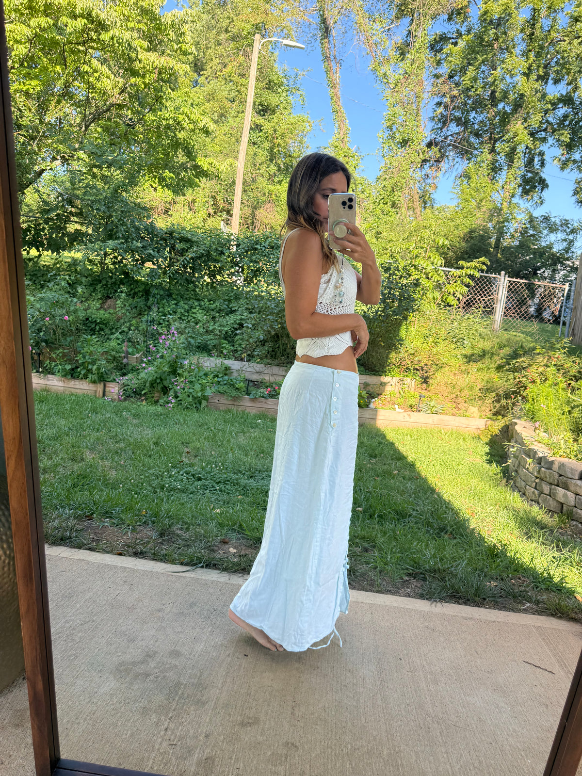 Hand Dyed Sea Glass Linen Lace-Up Maxi Skirt