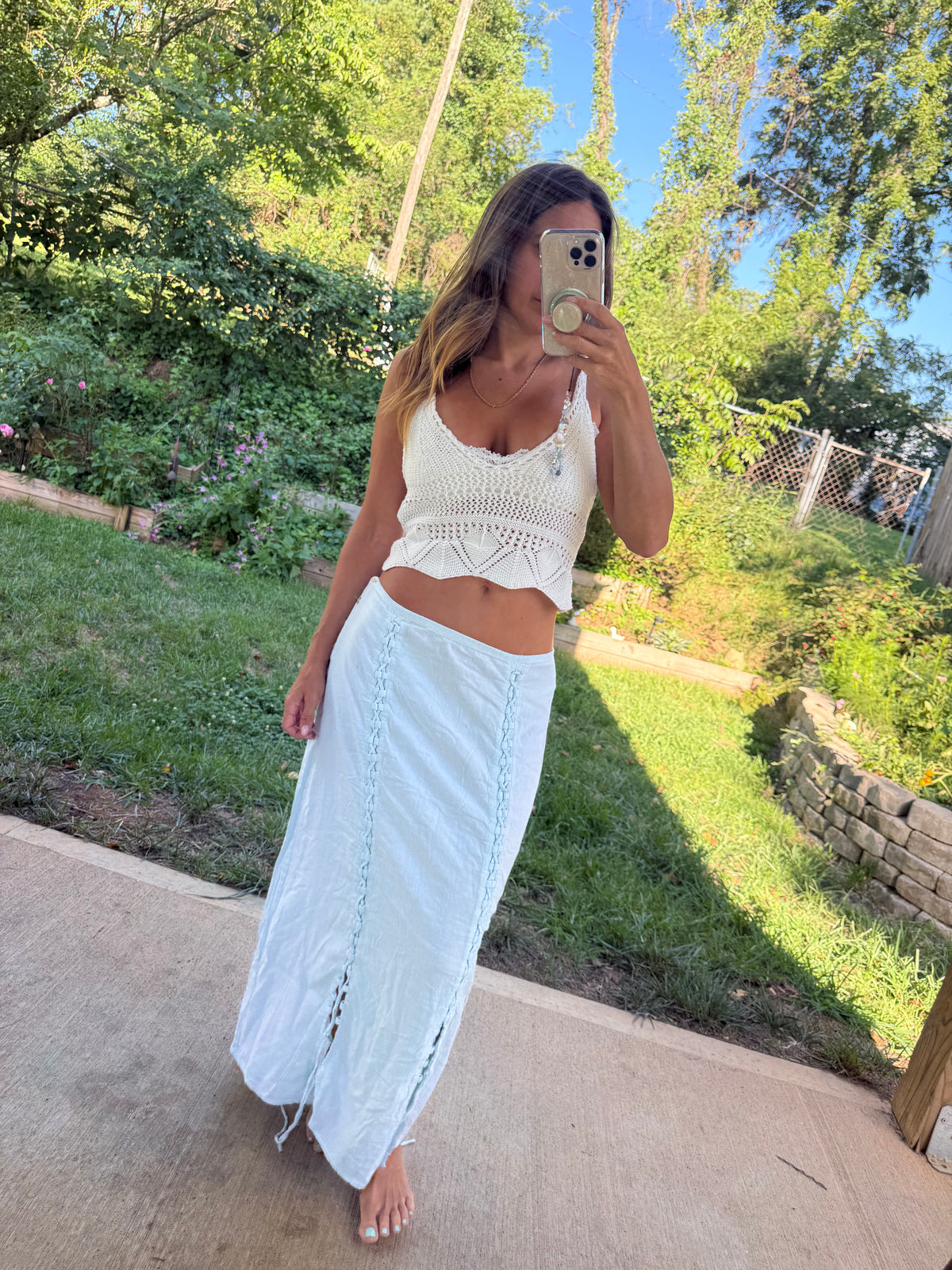 Hand Dyed Sea Glass Linen Lace-Up Maxi Skirt