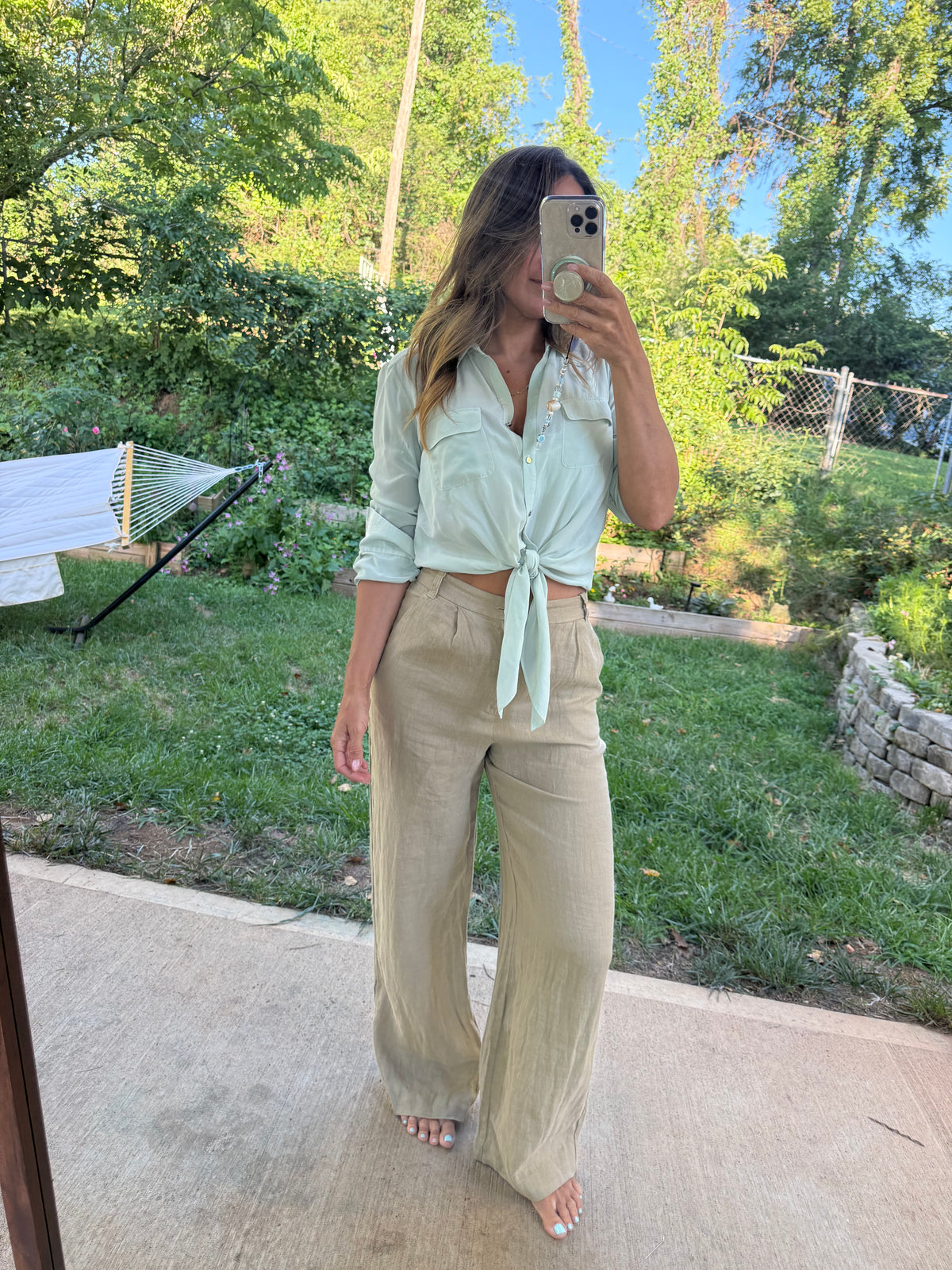 Hand-Dyed Seafoam Silk Tie-Front Shirt