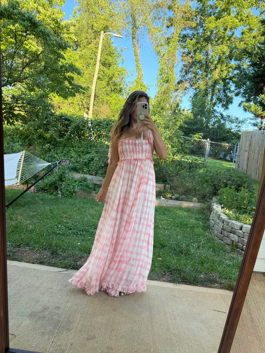 Free People Pink Gingham Smocked Maxi Dress
