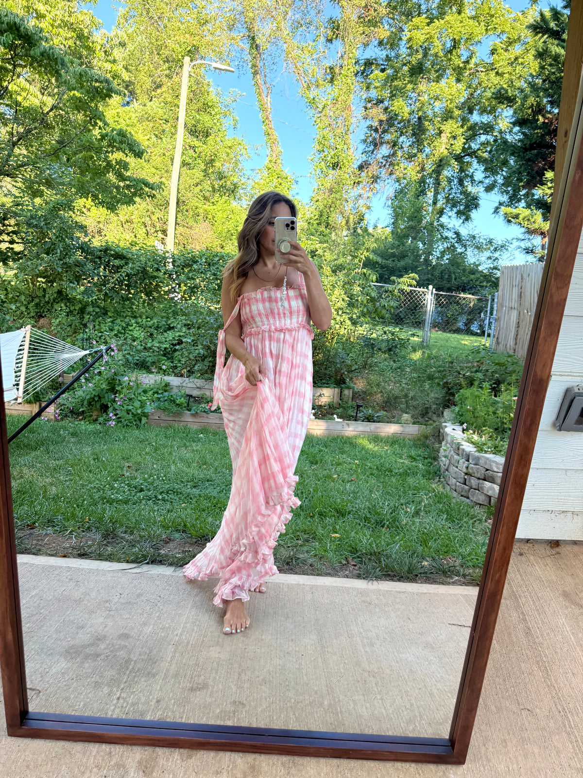 Free People Pink Gingham Smocked Maxi Dress