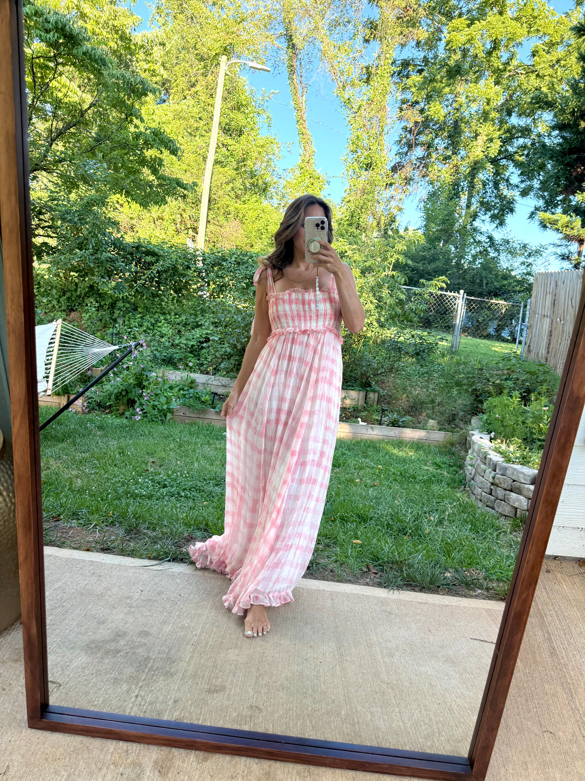 Free People Pink Gingham Smocked Maxi Dress