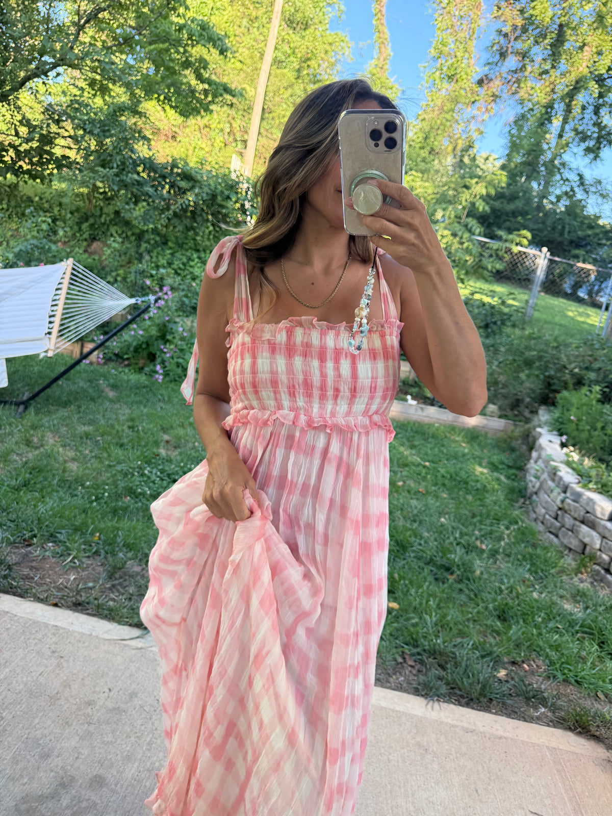 Free People Pink Gingham Smocked Maxi Dress