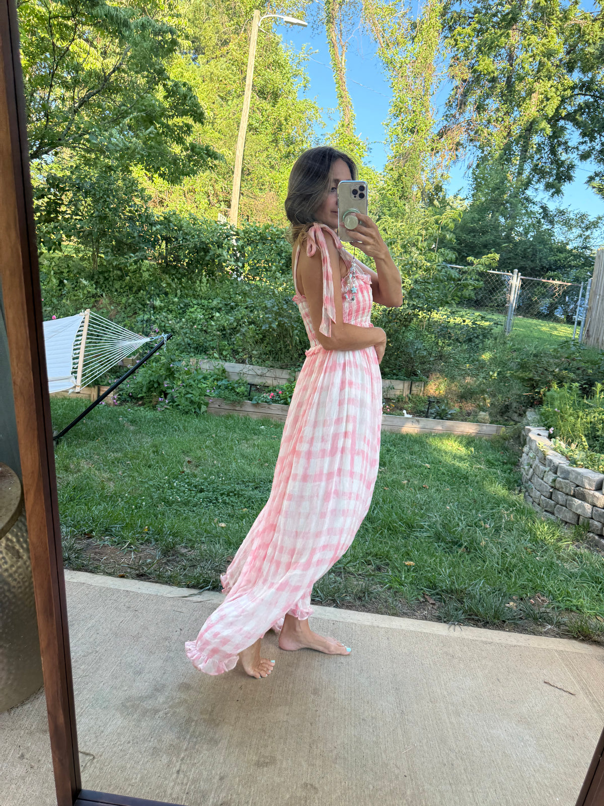 Free People Pink Gingham Smocked Maxi Dress