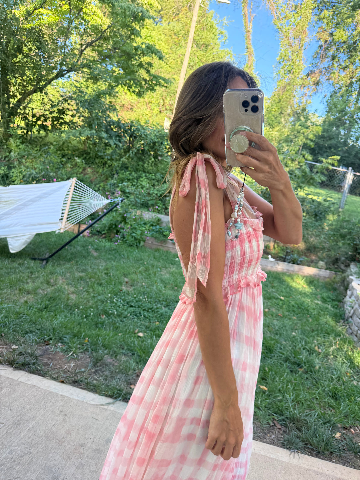 Free People Pink Gingham Smocked Maxi Dress