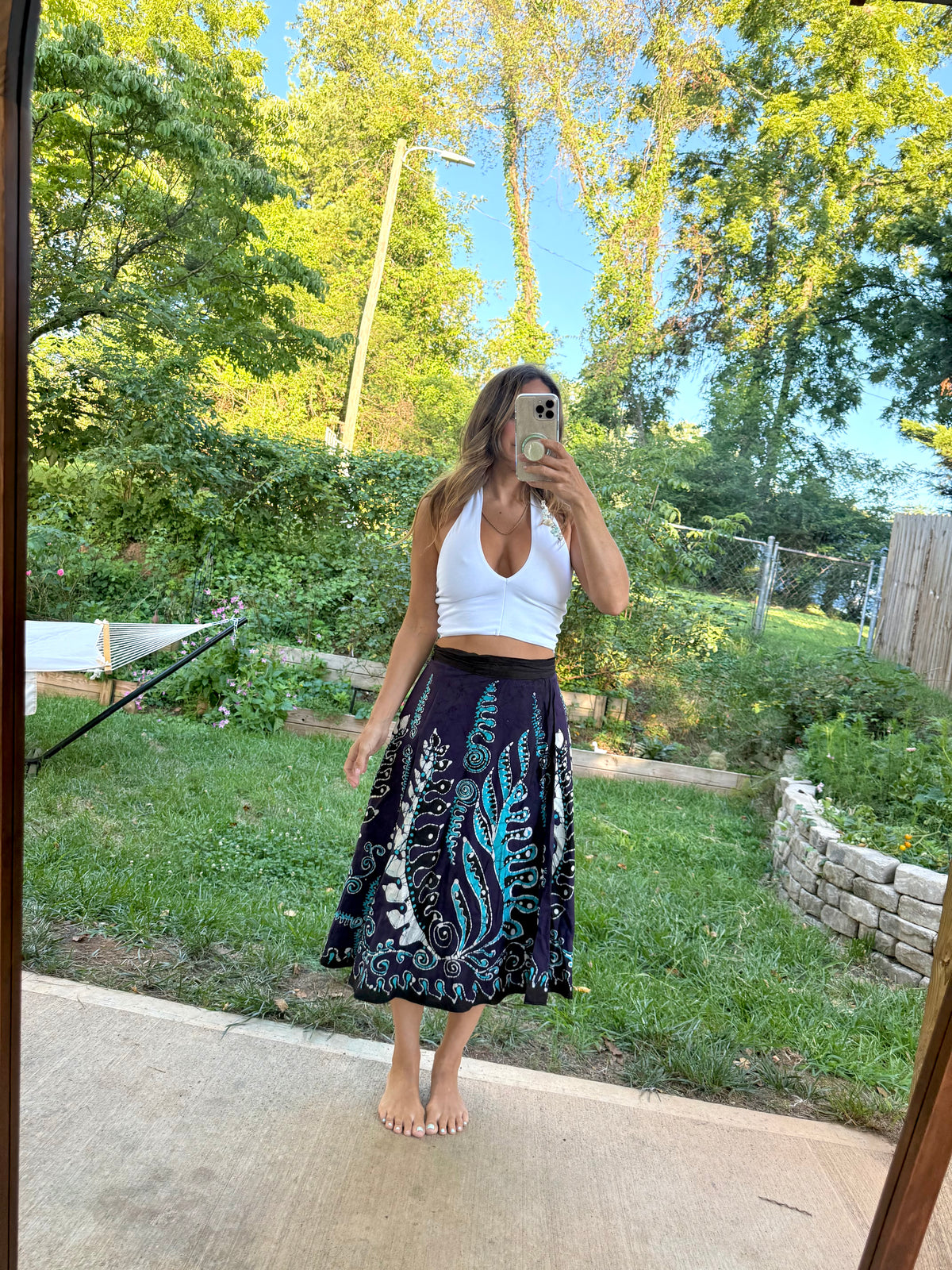 Vintage Navy Aqua Hand-Batik Wrap Midi Skirt
