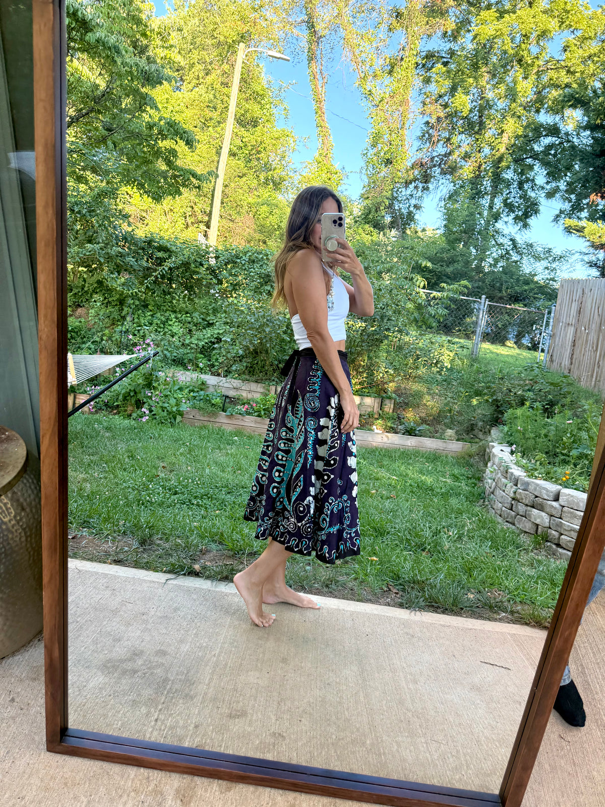 Vintage Navy Aqua Hand-Batik Wrap Midi Skirt